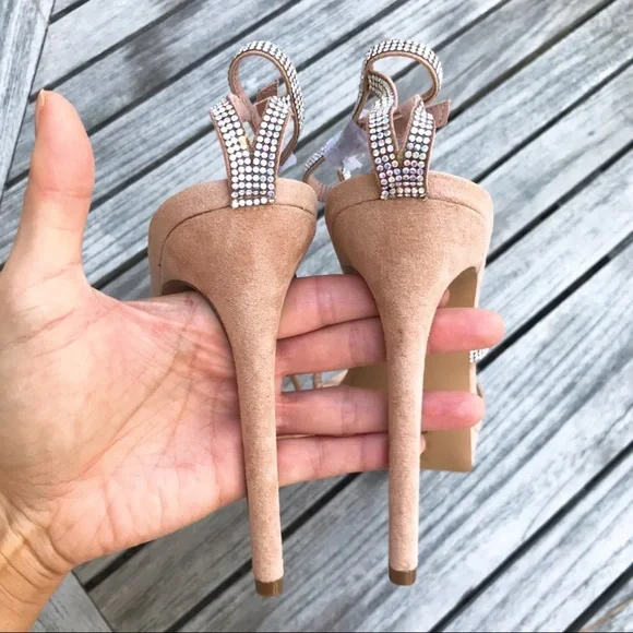 💎 TAN STRAPY SILVER RHINESTONE HIGH HEELS! - Picture 6 of 7